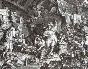 [Hogarth engraving of chaotic interior]