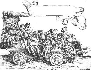 [engraving of carriage full of instrumentalists]
